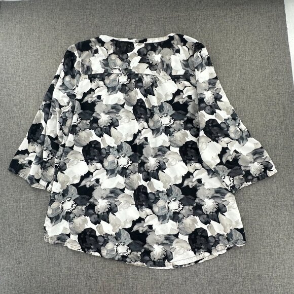 Liz Claiborne Floral‎ Blouse 3/4th Sleeves Black White Gray Round Neck XXL Rayon - Picture 8 of 11